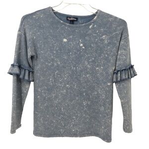 Freshman BlueGrey White Long Sleeve Ruffle Detail Athleisure Pullover Top - Sz L